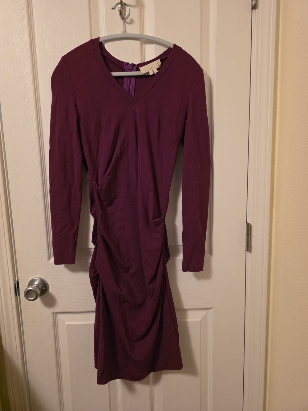 Long-Sleeve V-Neck Ruched Dress in Deep Plum